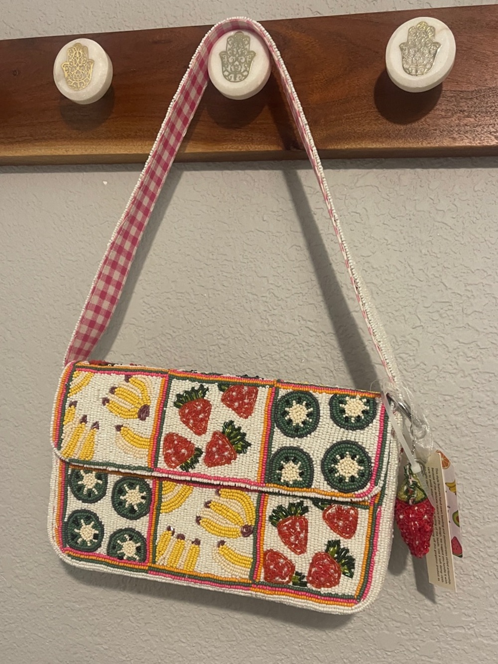 Viral Beaded Bag - Fruit Patchwork Shoulder Bag - strawberries, bananas, kiwi
